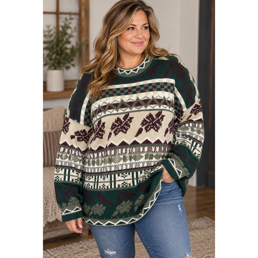Forelli Vintage Fair Isle Leaf Knit Sweater Green Burgundy 2X Made in USA